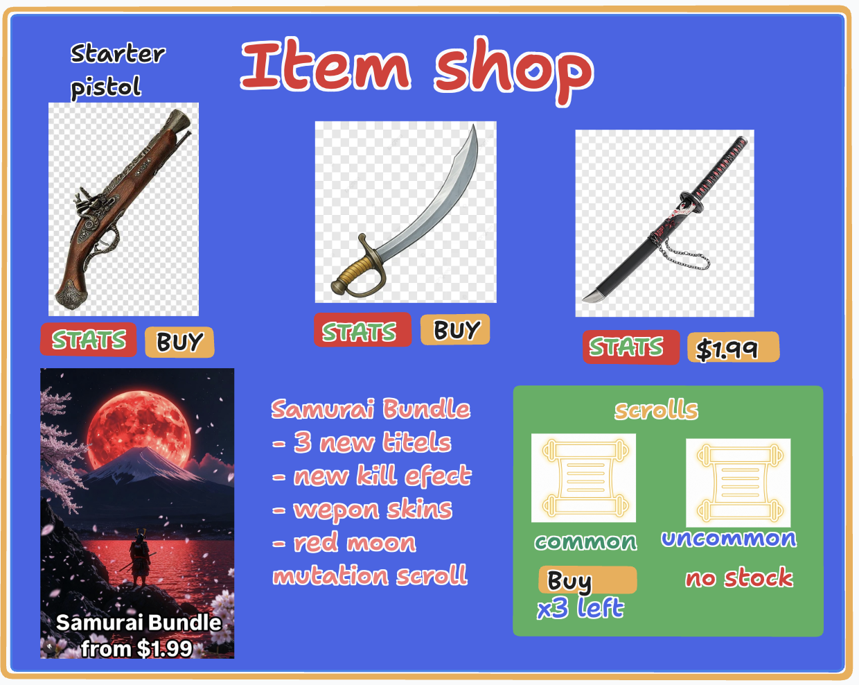 Item Shop showing the starter pistol, cutlass, katana, Samurai Bundle, and common and uncommon scrolls